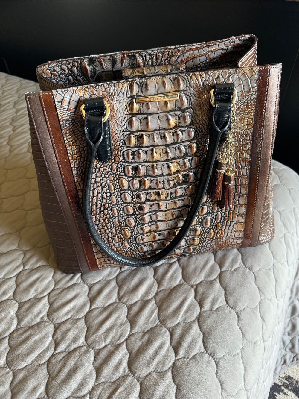 Brahmin Brown Multi-Panel Croc-Embossed Leather Tote with Tassel